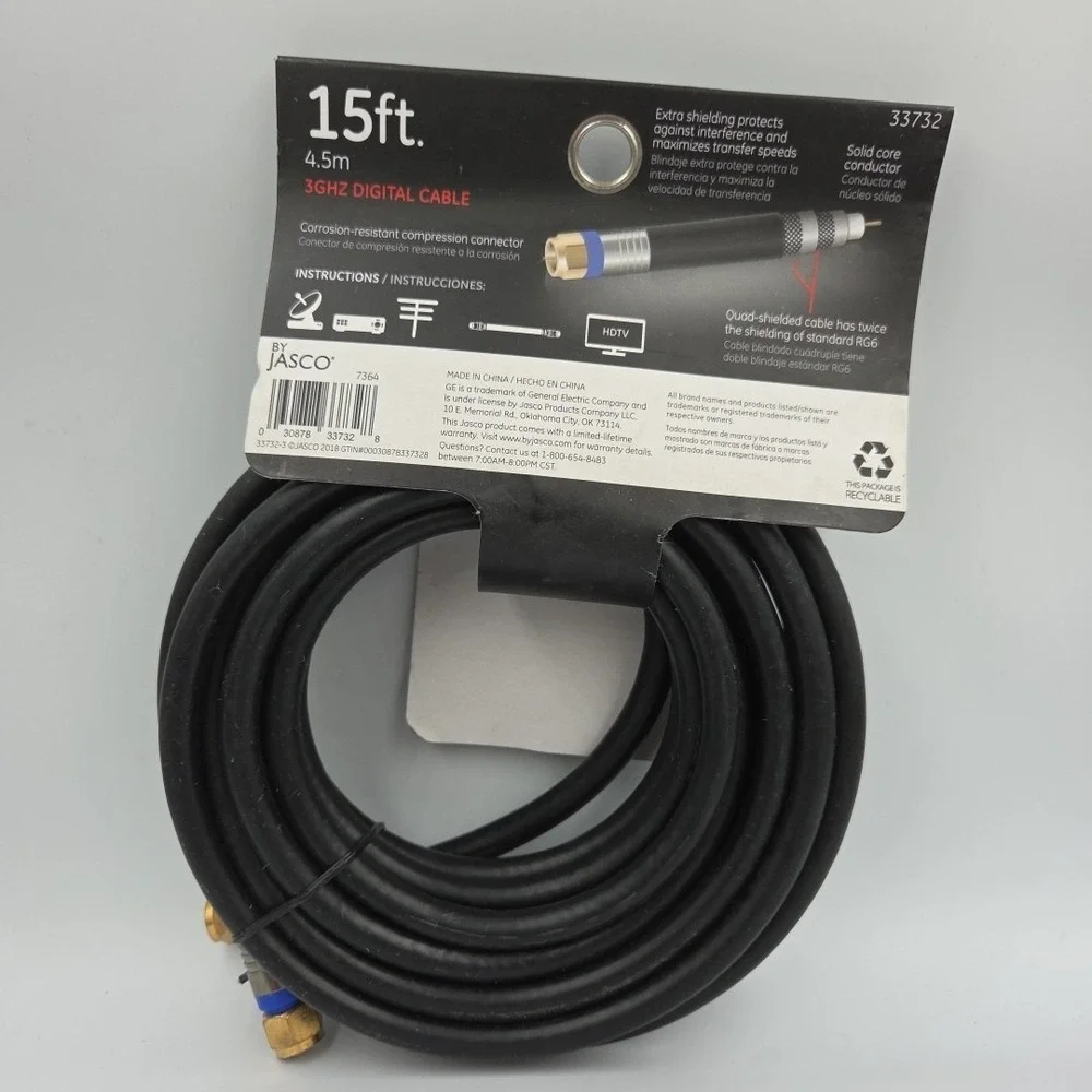 GE 33732 Pro Quad-Shield RG6 Coax Cable 15 ft 4.5m by jasco 2018 New Lot Of 2